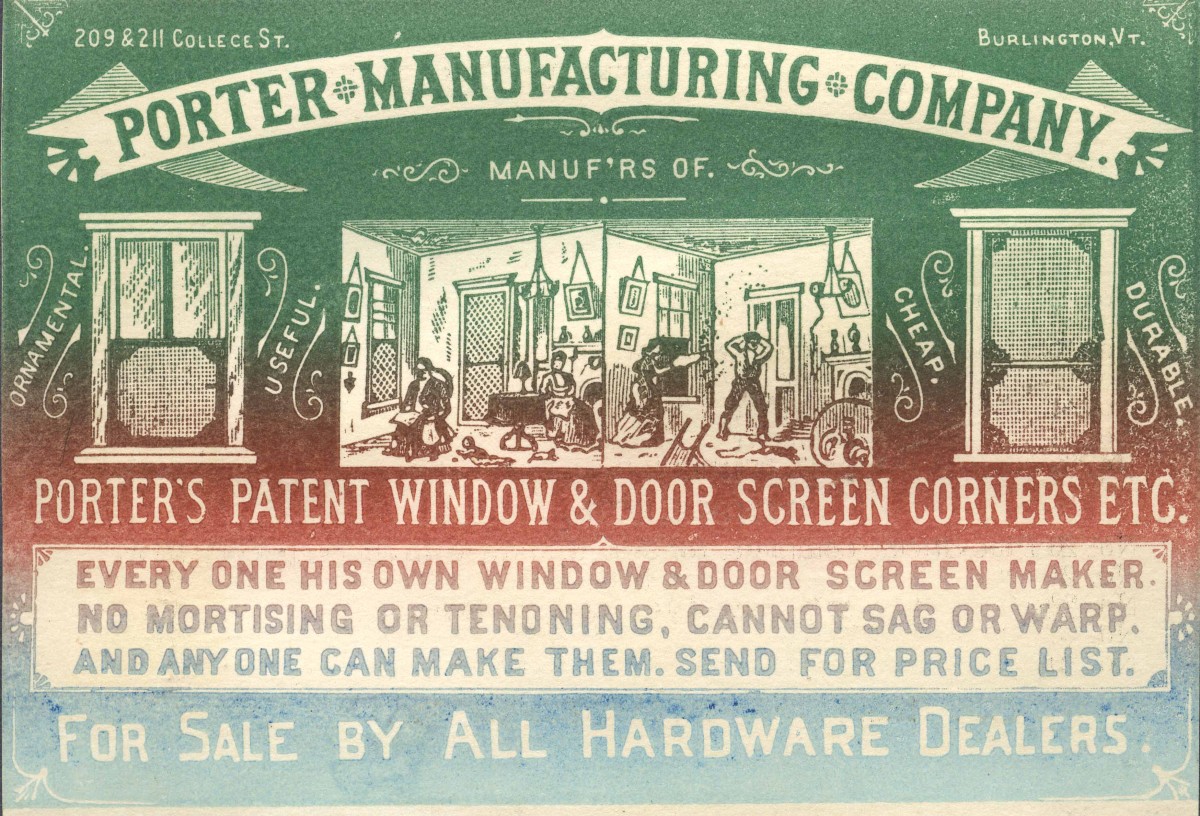 Porter Manufacturing Company Advertising Card, Burlington, Vermont, c. 1870-1890, Local History Collection, 2016.1.1