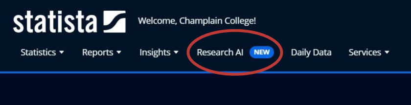 Screenshot of Research AI (New) link in Statista's main menu.