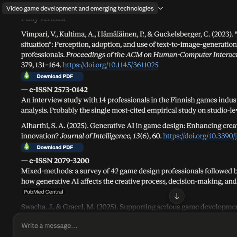 Screenshot of a Claude chat where the LLM generated multiple full citations and descriptions of their relevance. Because the citations were generated with DOIs and the user has LibKey enabled in their browser, the LibKey Download PDF buttons are appearing in their chat. The chat session is titled "video game development and emerging technology."